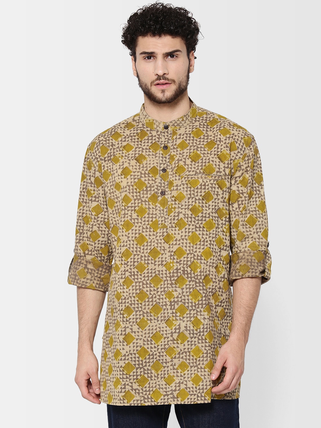 

Fabindia Men Taupe & Green Handblock Printed Straight Kurta