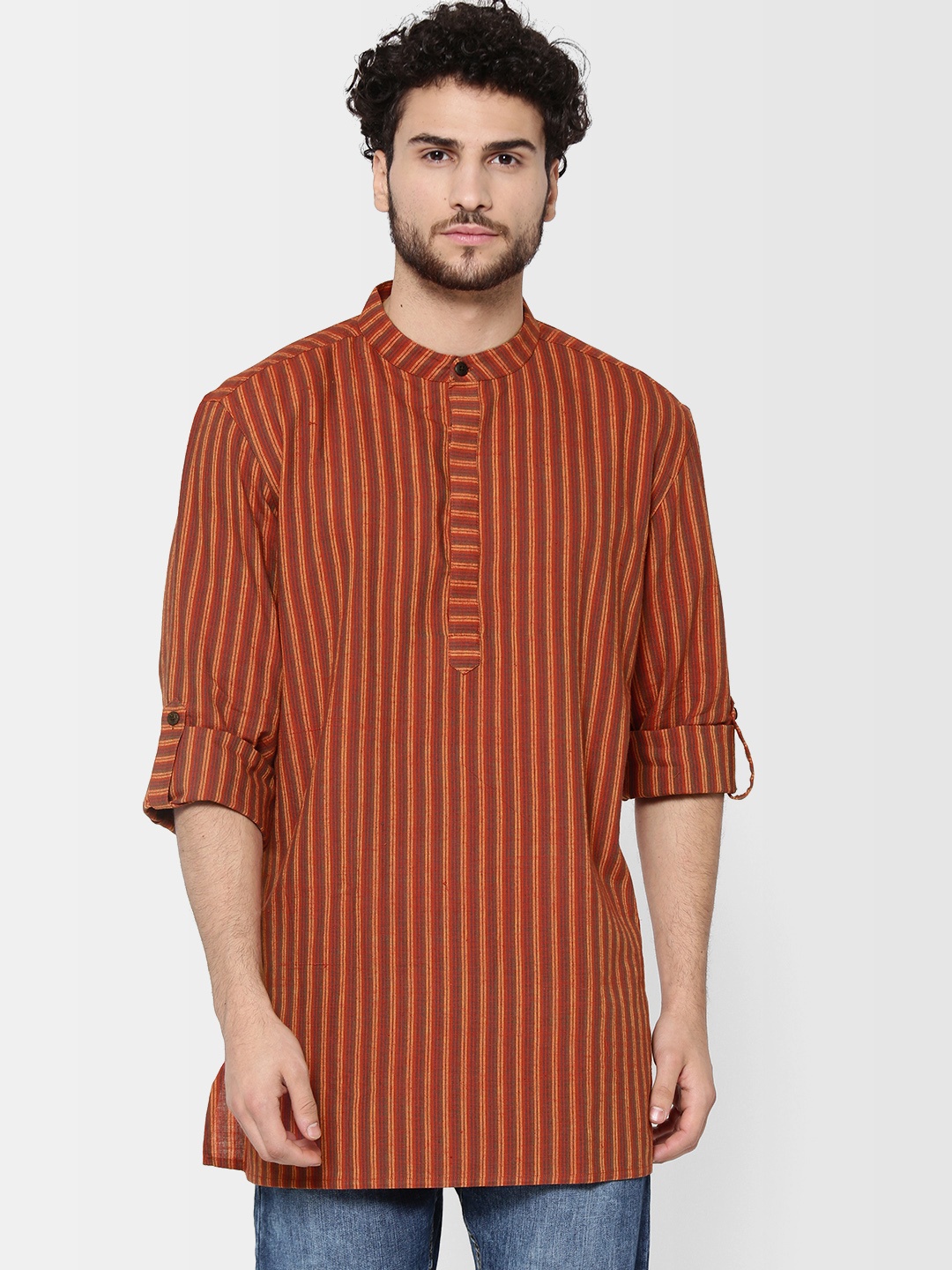 

Fabindia Men Rust Orange & Mustard Yellow Handwoven Striped Straight Kurta