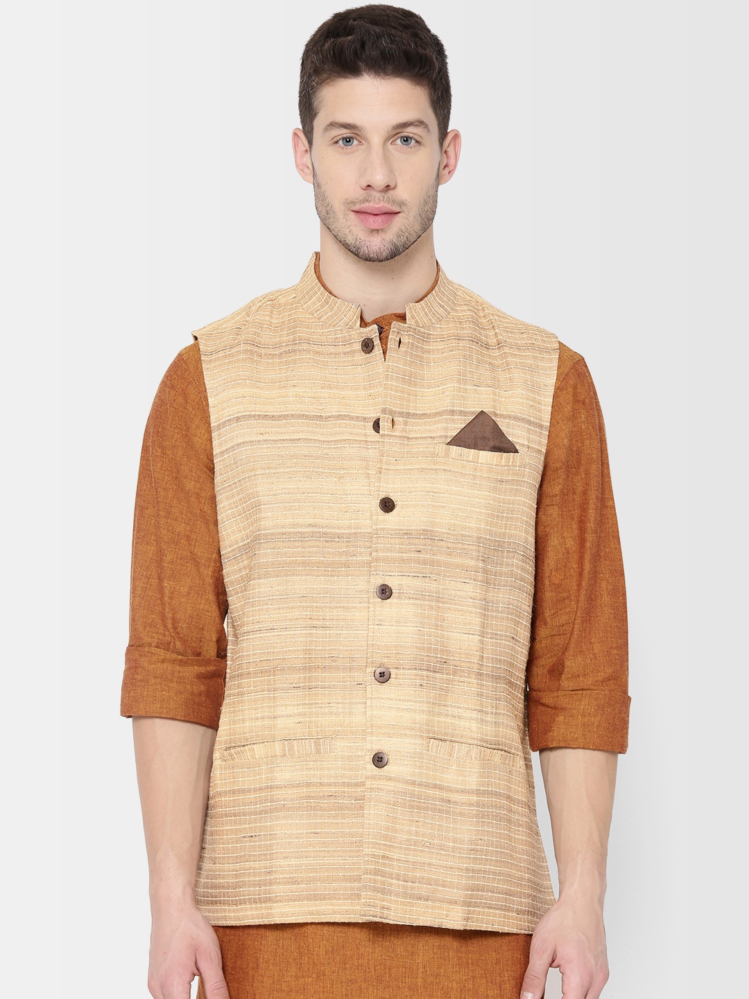 

Fabindia Men Beige Silk Handwoven Self Checked Nehru Jacket