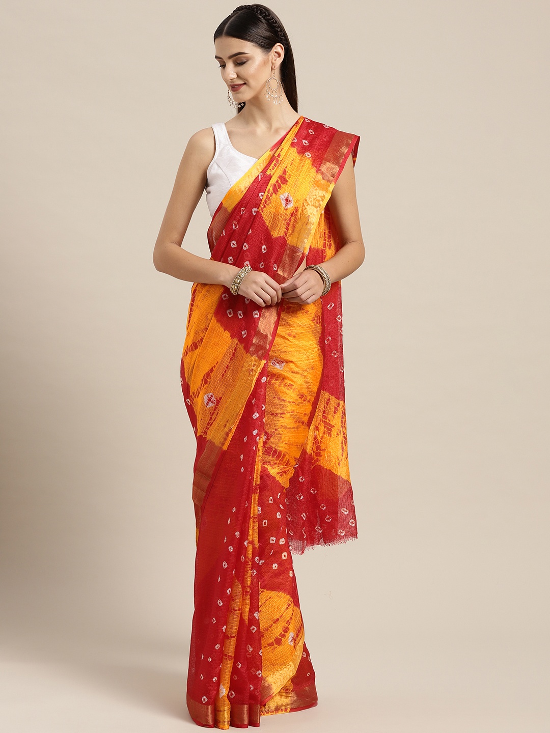 

Geroo Jaipur Hand Dyed Red & Yellow Bandhani Kota Doria Sustainable Saree, Rust