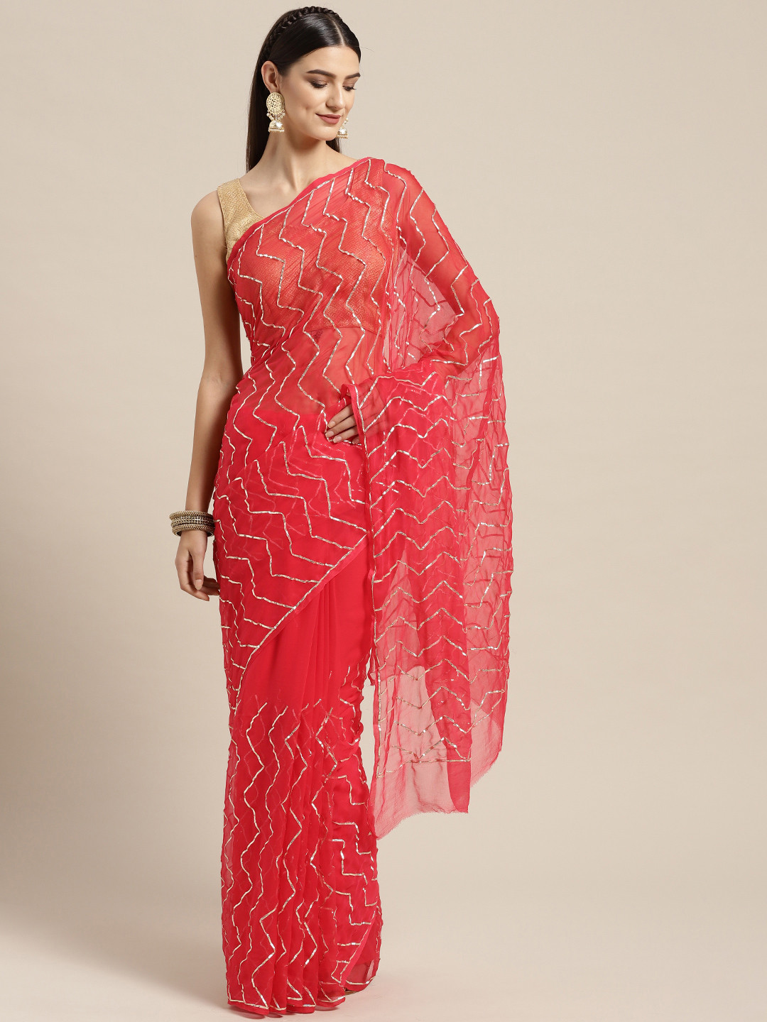 

Geroo Jaipur Red Hand Embellished Gota Chiffon Sustainable Saree