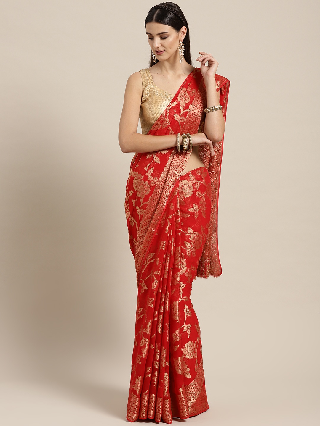 

Geroo Jaipur Red Floral Zari Hand Woven Georgette Sustainable Saree