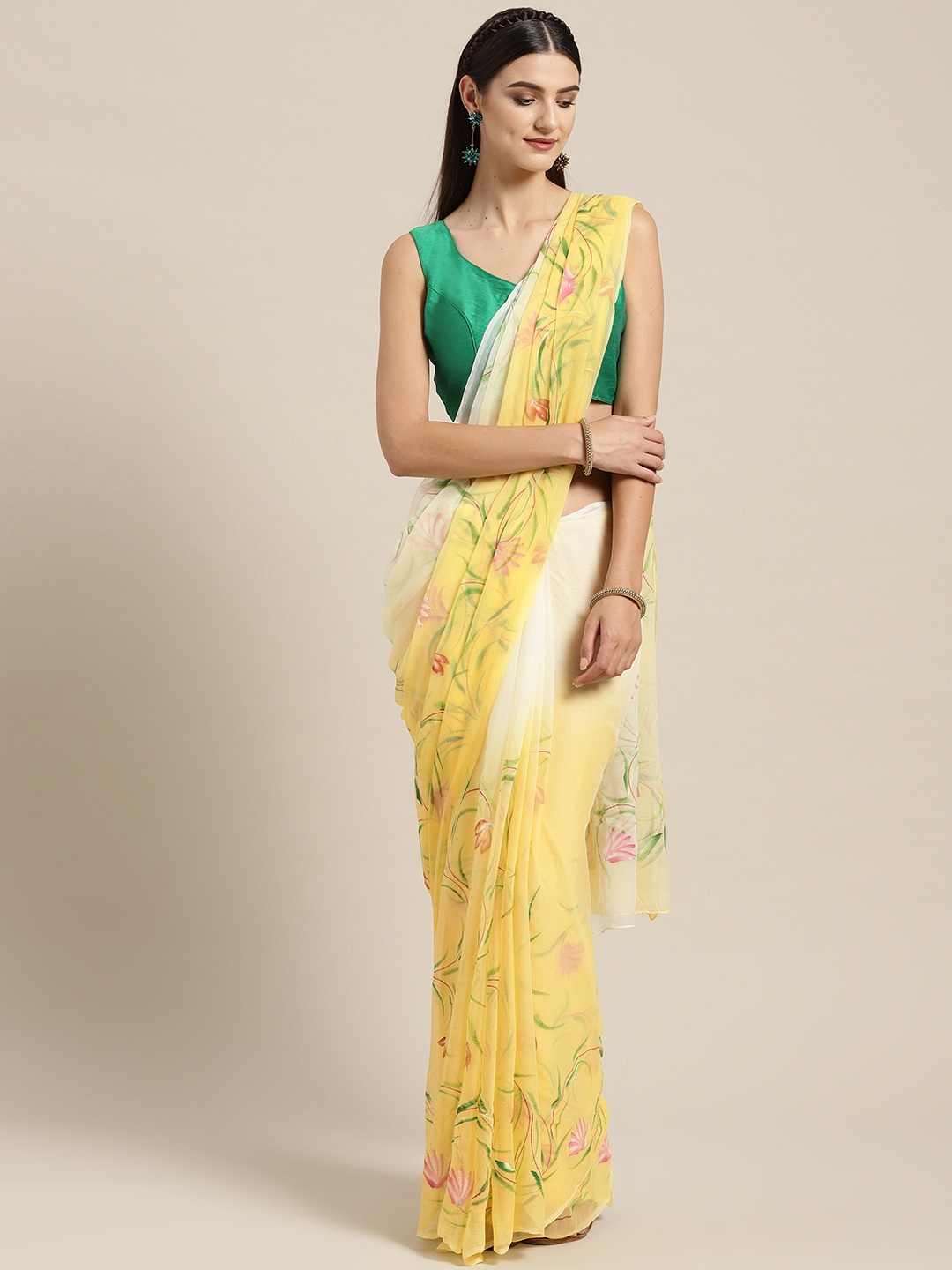 

Geroo Jaipur Yellow & Off-White Hand Painted Floral Chiffon Sustainable Saree