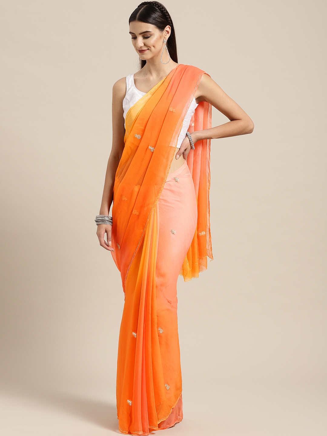 

Geroo Jaipur Orange Hand Embroidered Chiffon Sustainable Saree