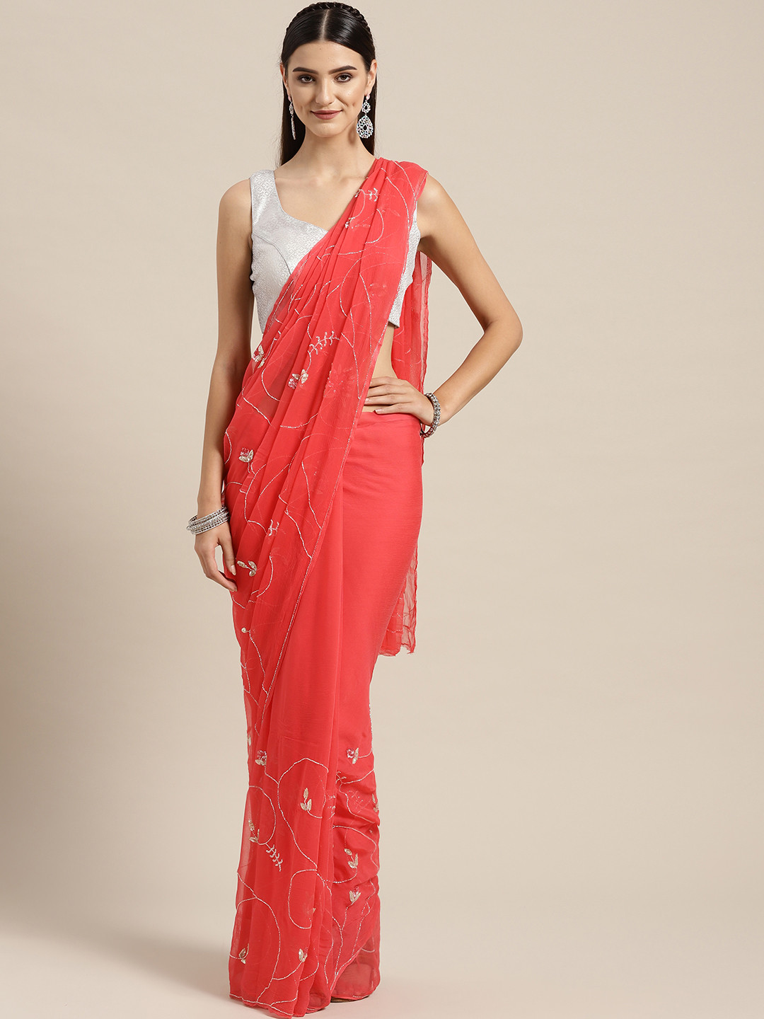 

Geroo Jaipur Hand Embellished Coral Pink Chiffon Sustainable Saree