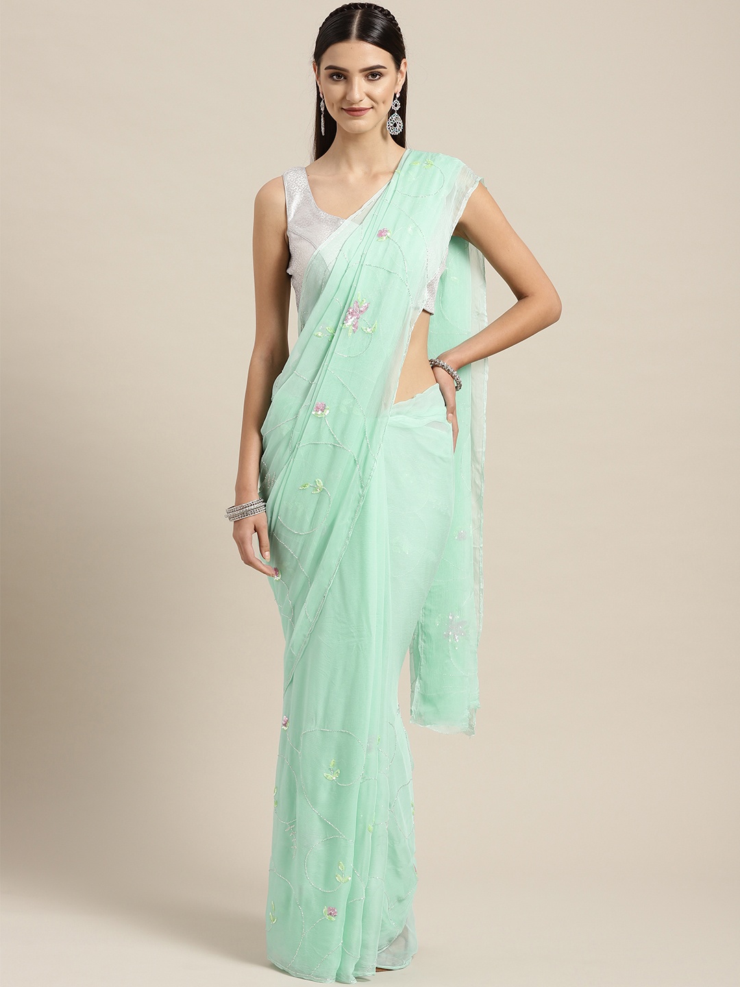 

Geroo Jaipur Hand Crafted Tube Sequins Jaal chiffon saree, Sea green