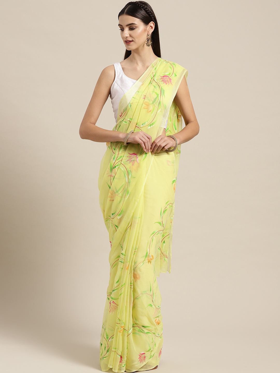 

Geroo Jaipur Yellow Hand Painted Floral Chiffon Sustainable Saree
