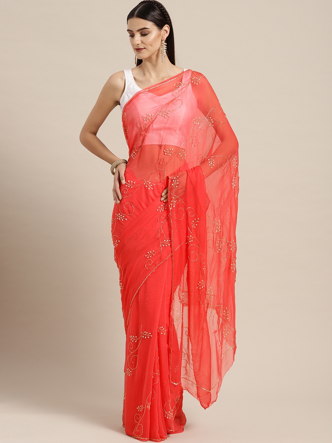 

Geroo Jaipur Hand Embellished Coral Orange Chiffon Sustainable Saree