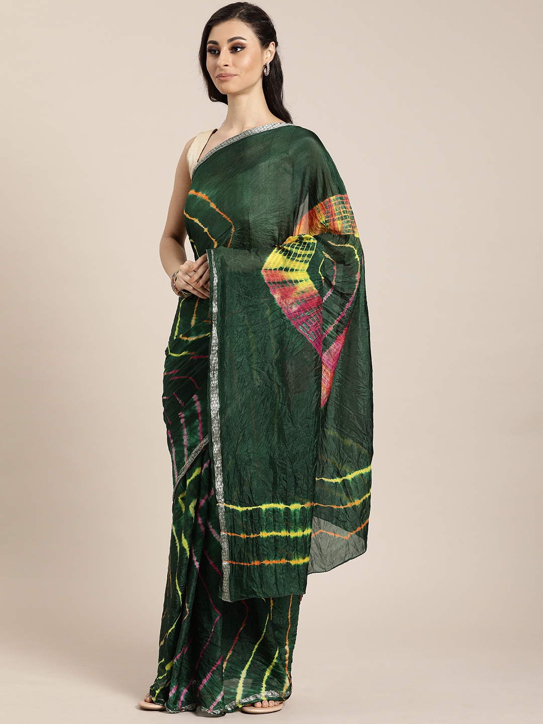 

Geroo Jaipur Hand Dyed Green Leheriya Kota Silk Saree