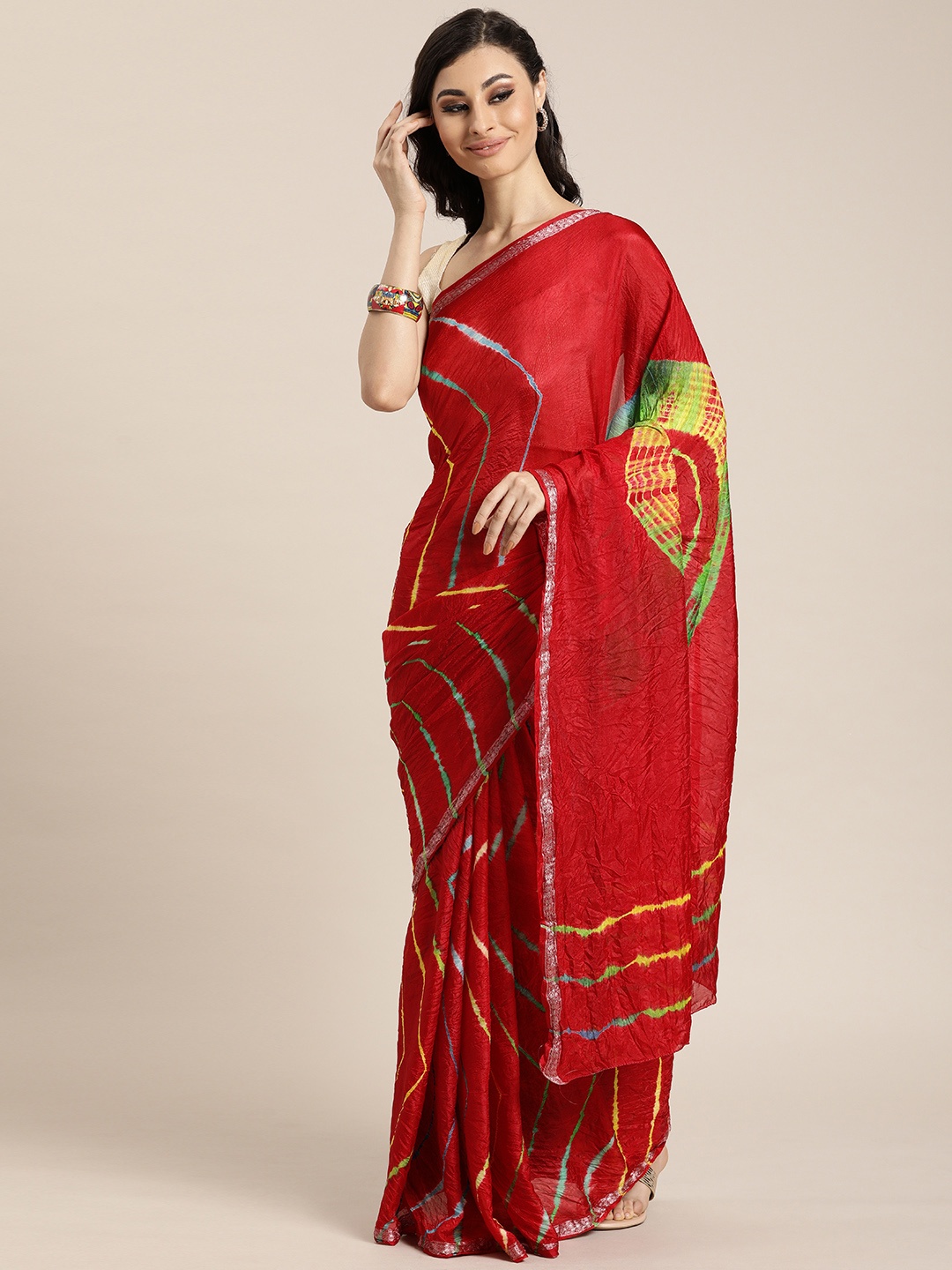 

Geroo Jaipur Hand Dyed Red Leheriya Kota Silk Saree