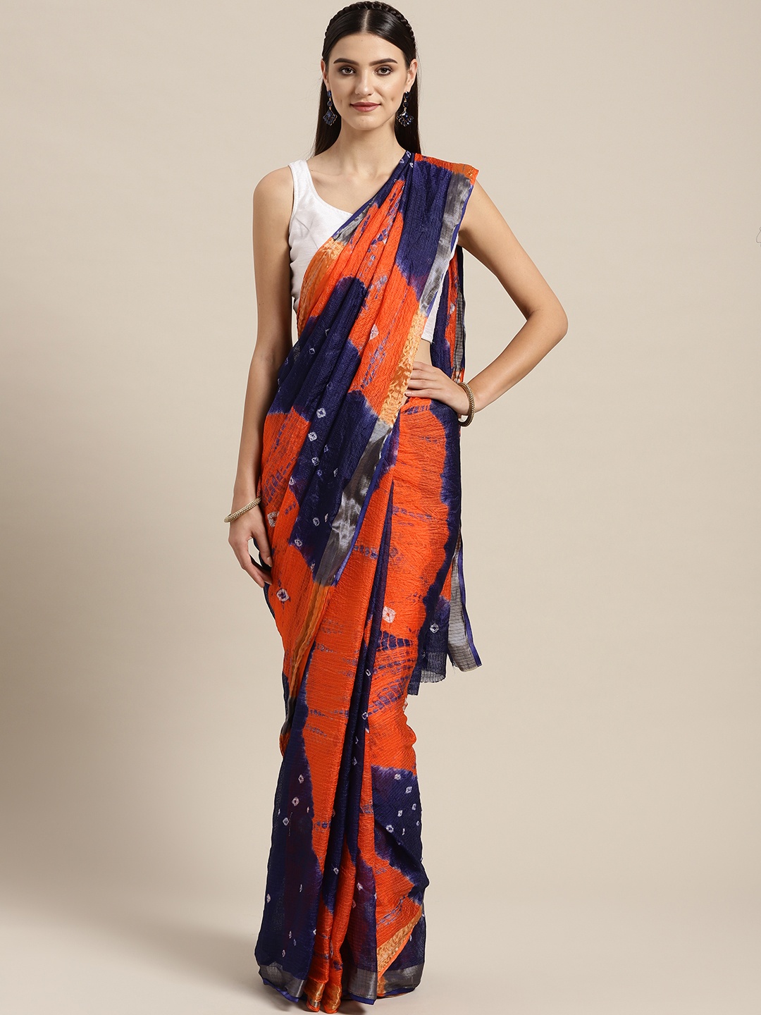 

Mitera Hand Dyed Orange & Navy Blue Bandhani Kota Doria Sustainable Saree