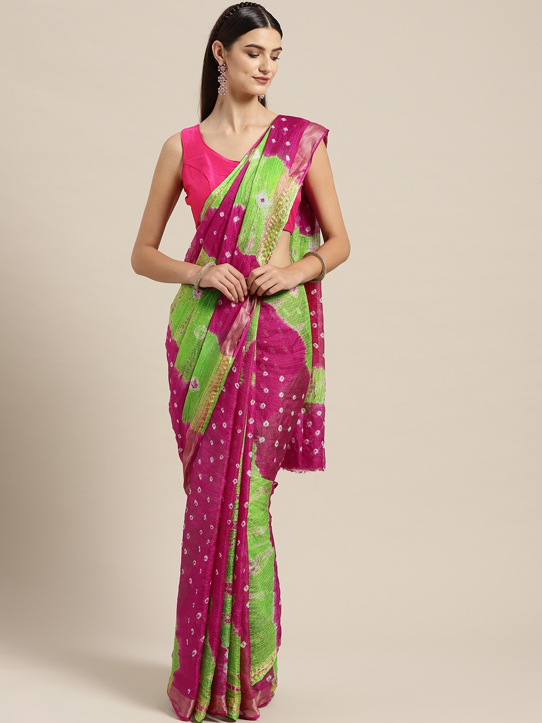 

Geroo Jaipur Hand Dyed Pink & Green Bandhani Kota Doria Sustainable Saree