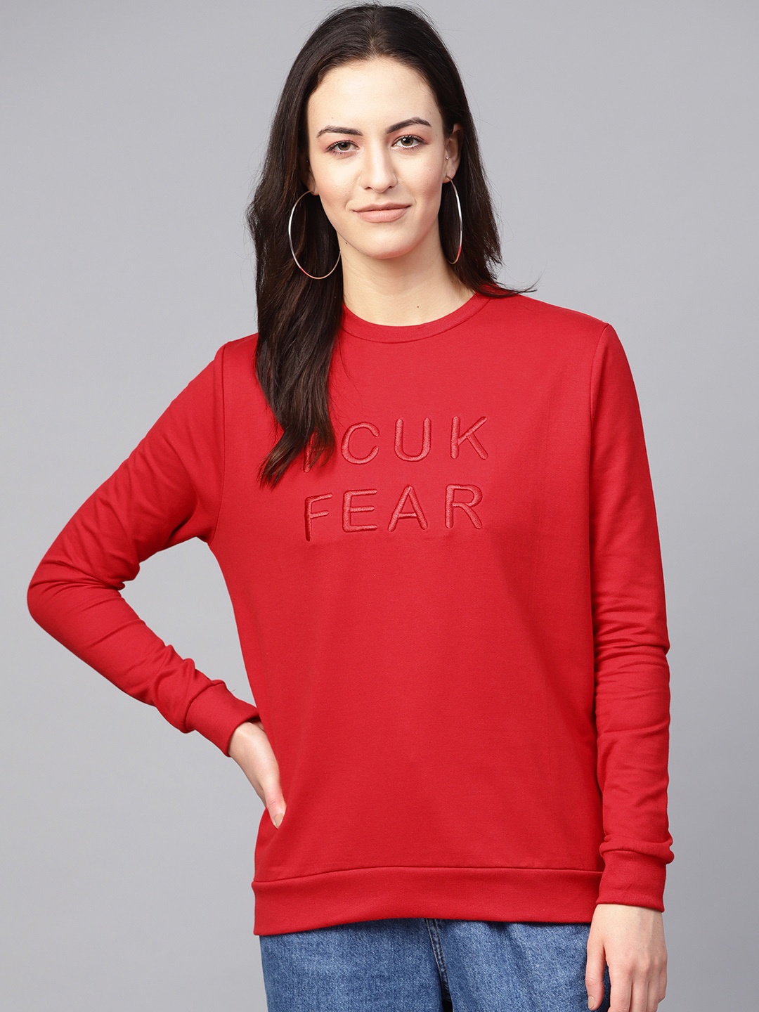 

French Connection Women Red Self Design Sweatshirt