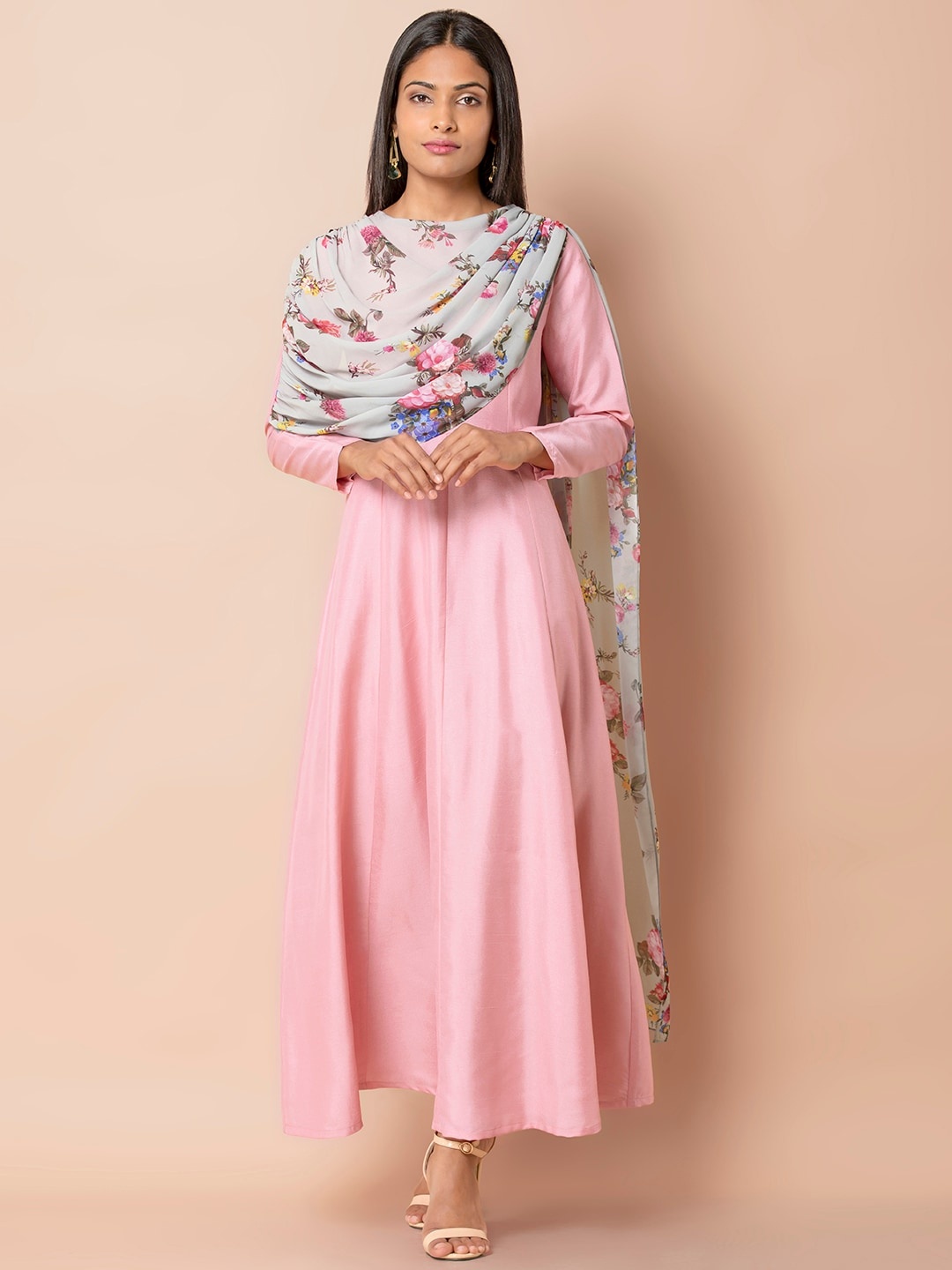 

INDYA Women Pink & Grey Solid Anarkali Kurta With Attached Floral Dupatta
