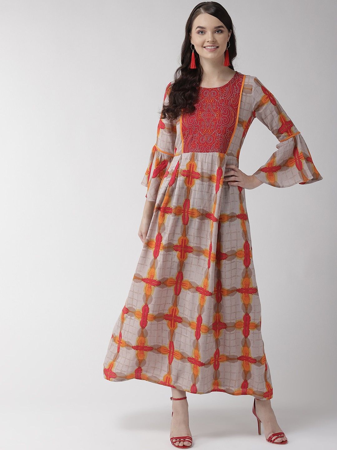 

RANGMAYEE Women Grey & Red Checked Maxi Dress