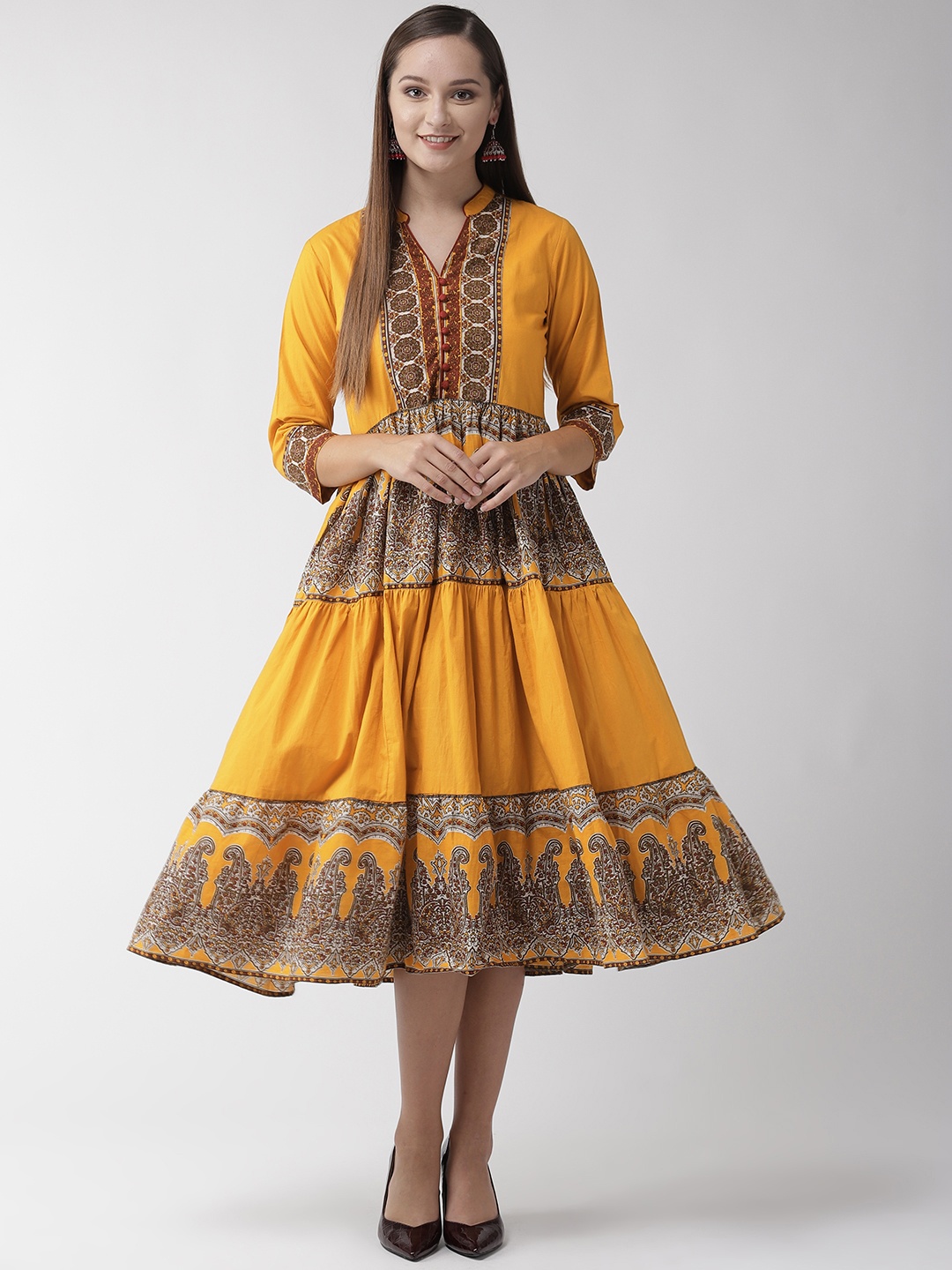 

RANGMAYEE Women Mustard Yellow & Brown Printed Tiered A-Line Dress