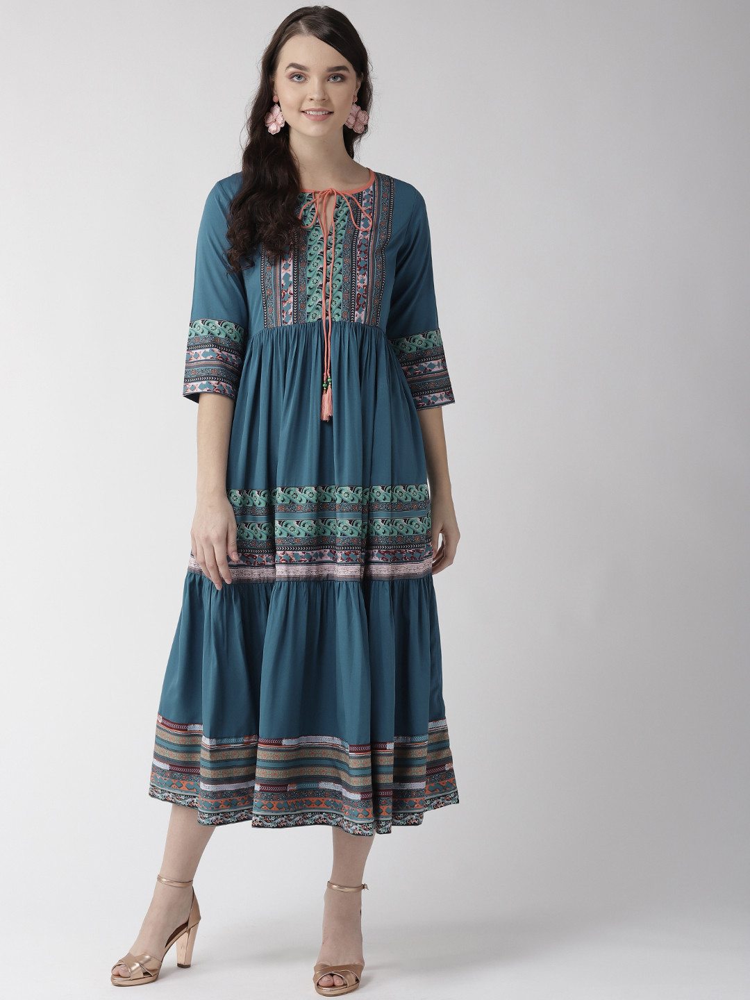 

RANGMAYEE Women Printed Teal Blue A-Line Dress