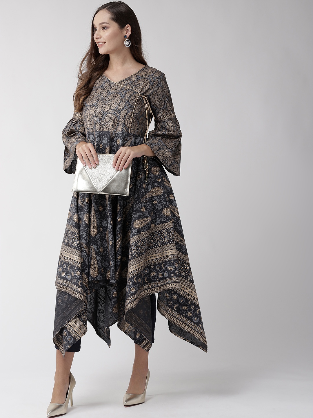 

RANGMAYEE Women Grey & Golden Printed Angrakha A-Line Kurta