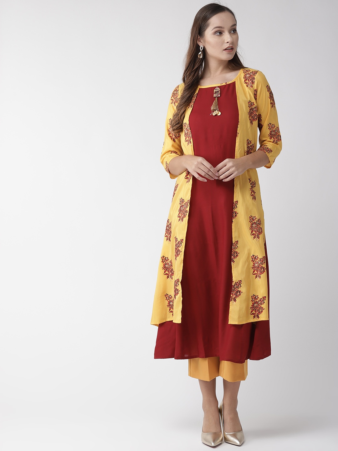 

RANGMAYEE Women Mustard Yellow & Maroon Printed Layered A-Line Kurta