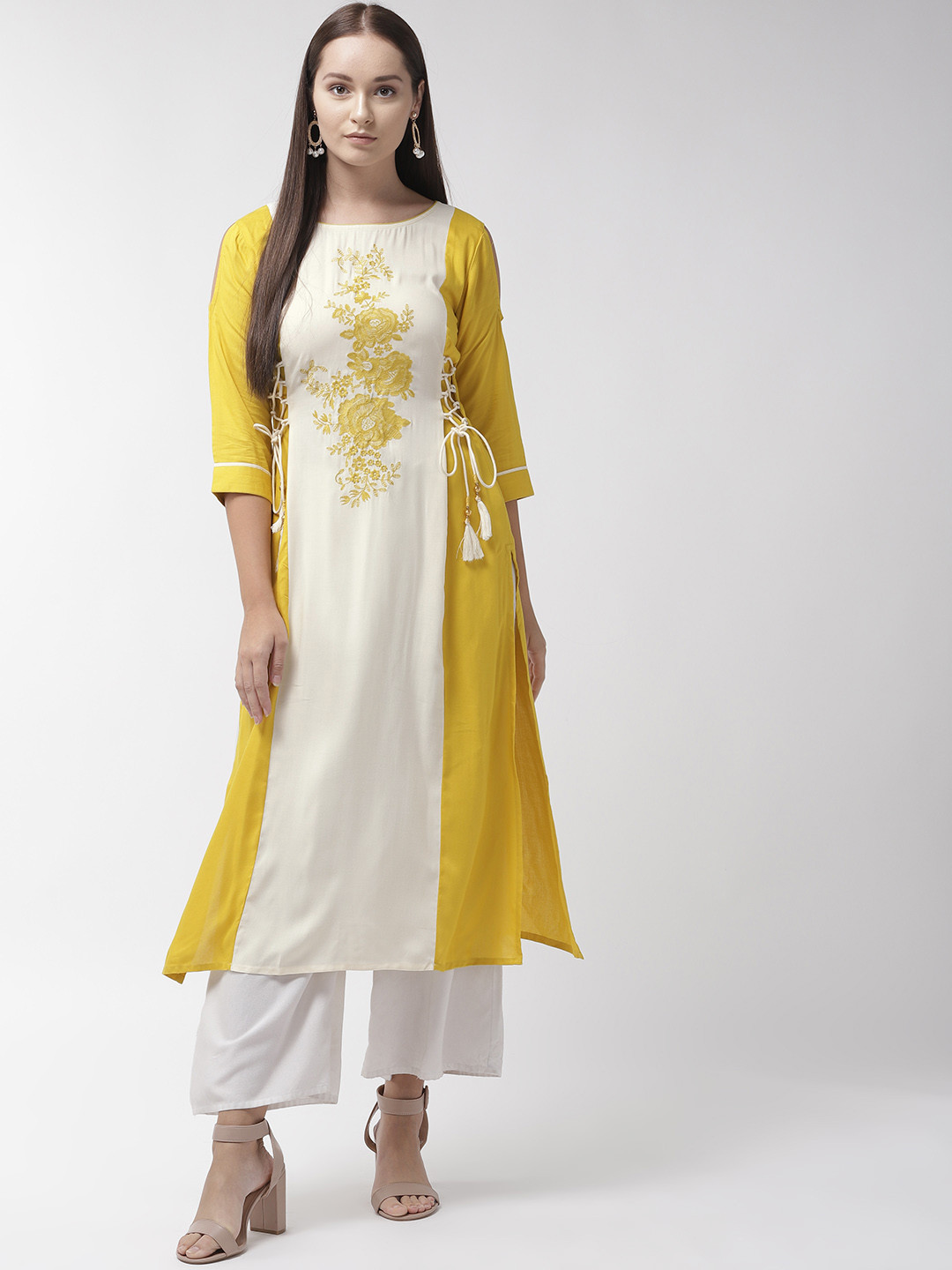 

RANGMAYEE Women Off-White & Yellow Embroidered Straight Kurta