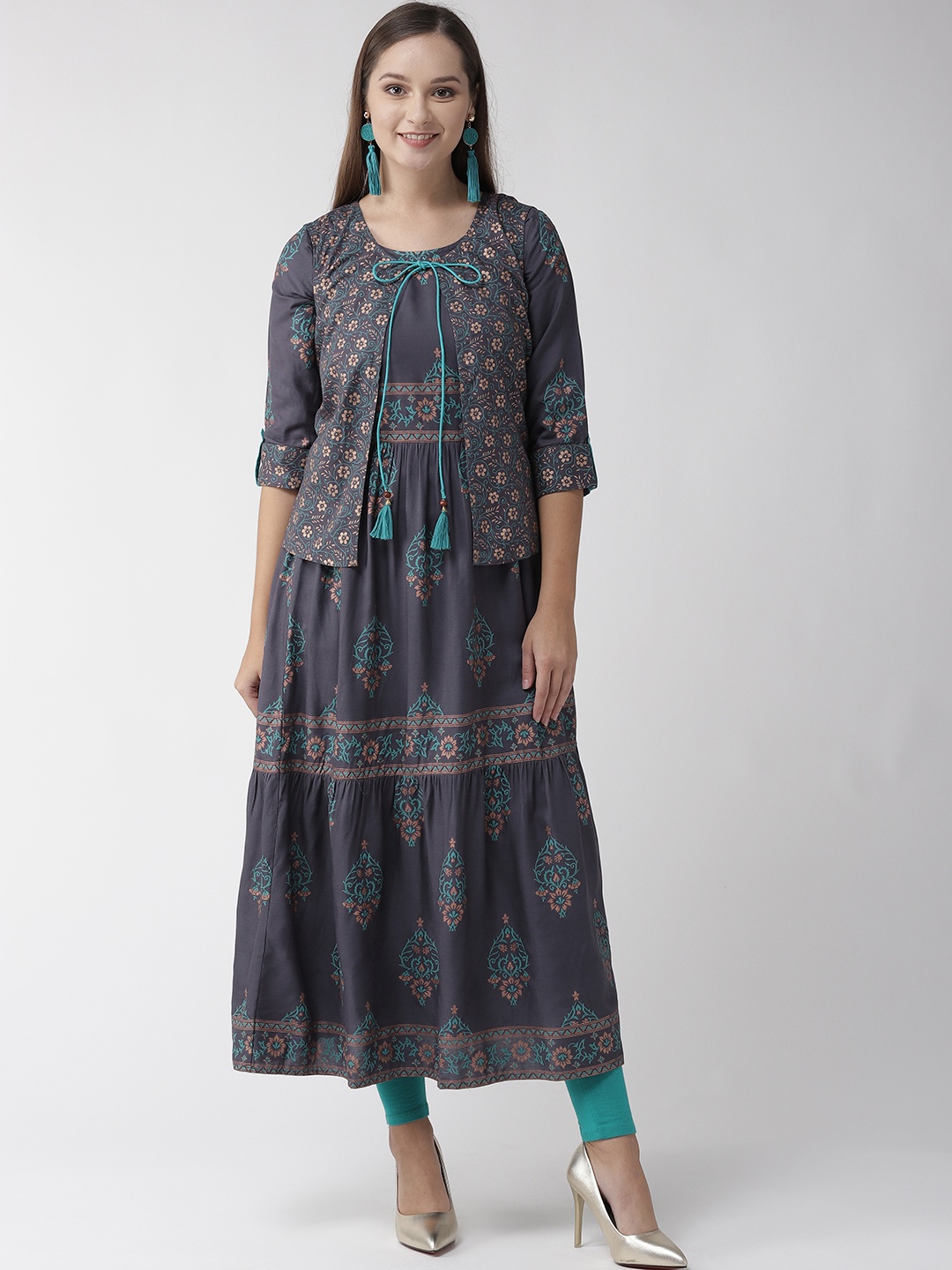 

RANGMAYEE Women Charcoal Grey & Golden Printed Layered A-Line Kurta