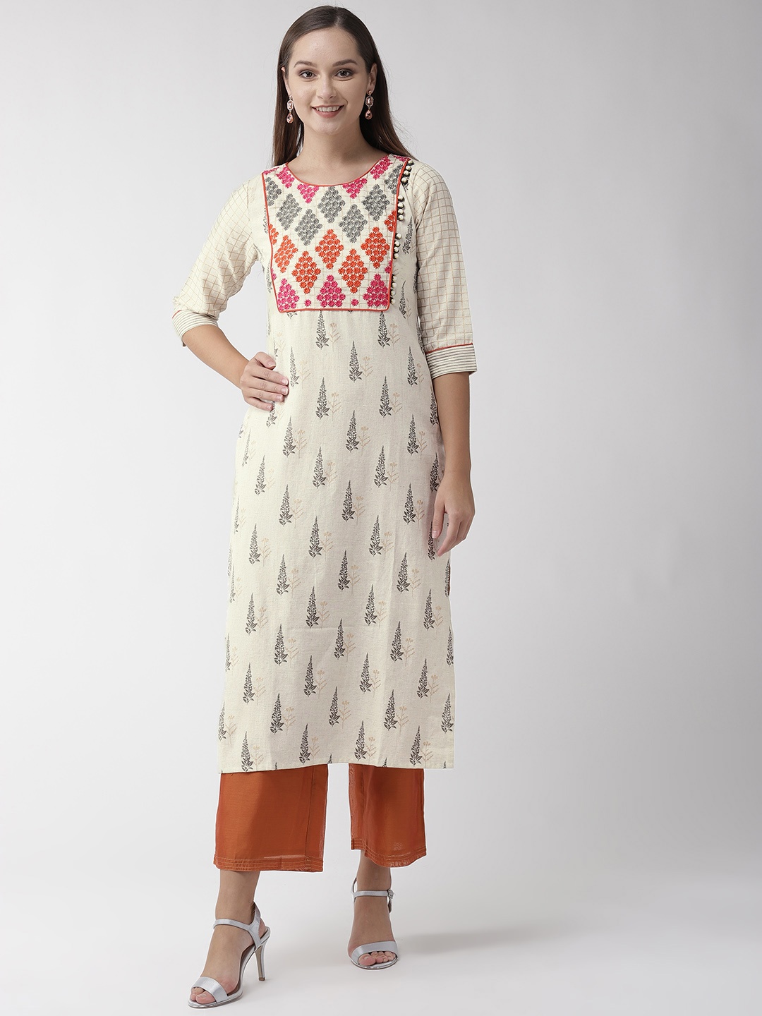 

RANGMAYEE Women Off-White & Grey Printed Straight Kurta