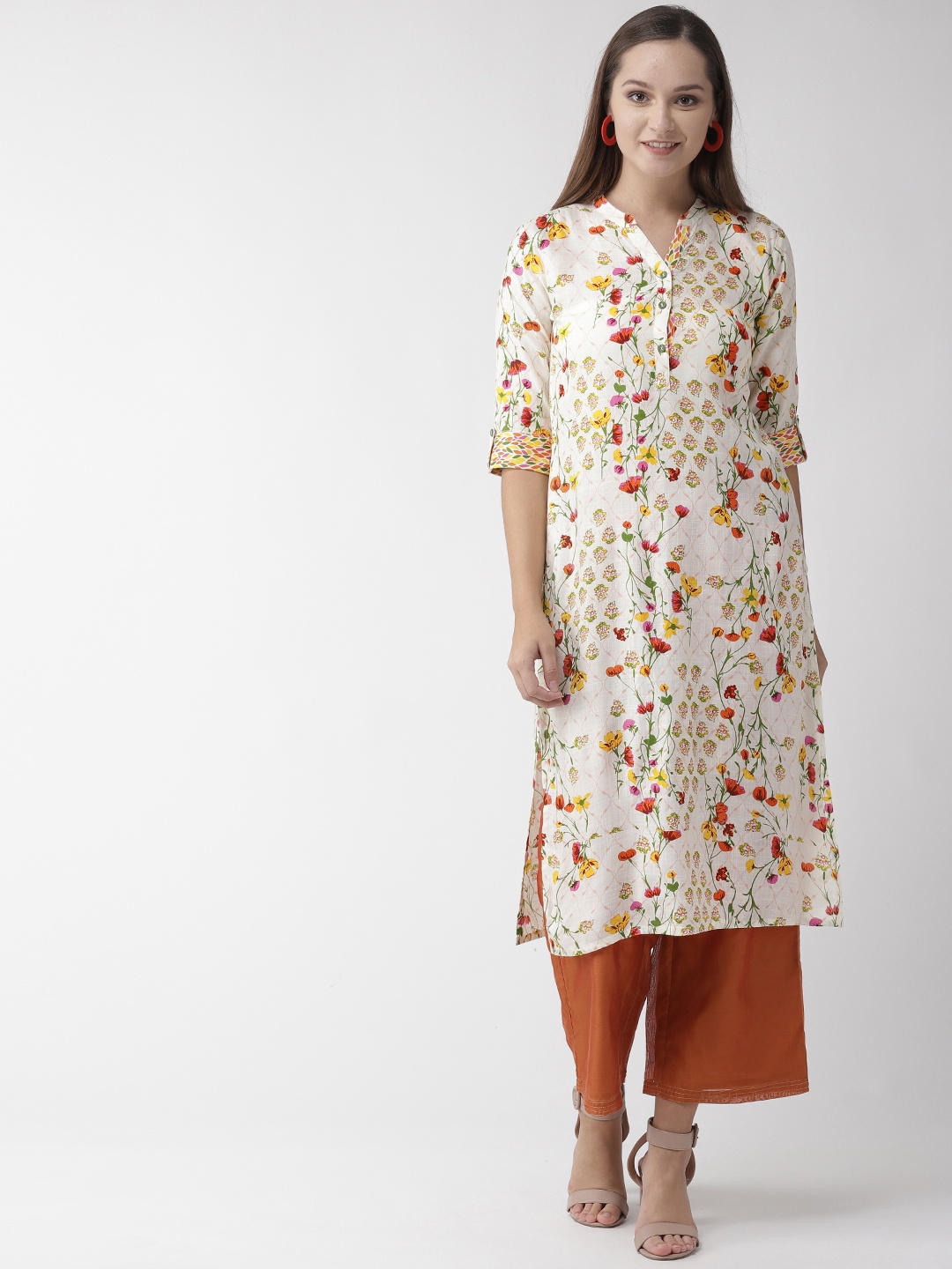 

RANGMAYEE Women Off-White & Green Floral Print Straight Kurta
