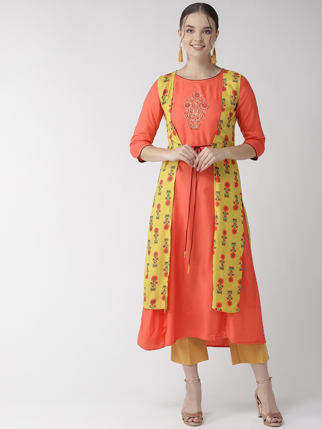 

RANGMAYEE Women Orange & Mustard Yellow Floral Printed Layered A-Line Kurta