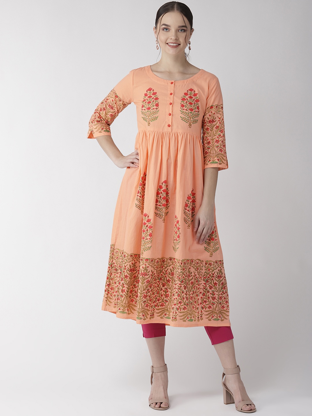 

RANGMAYEE Women Peach-Coloured & Pink Block Print A-Line Kurta