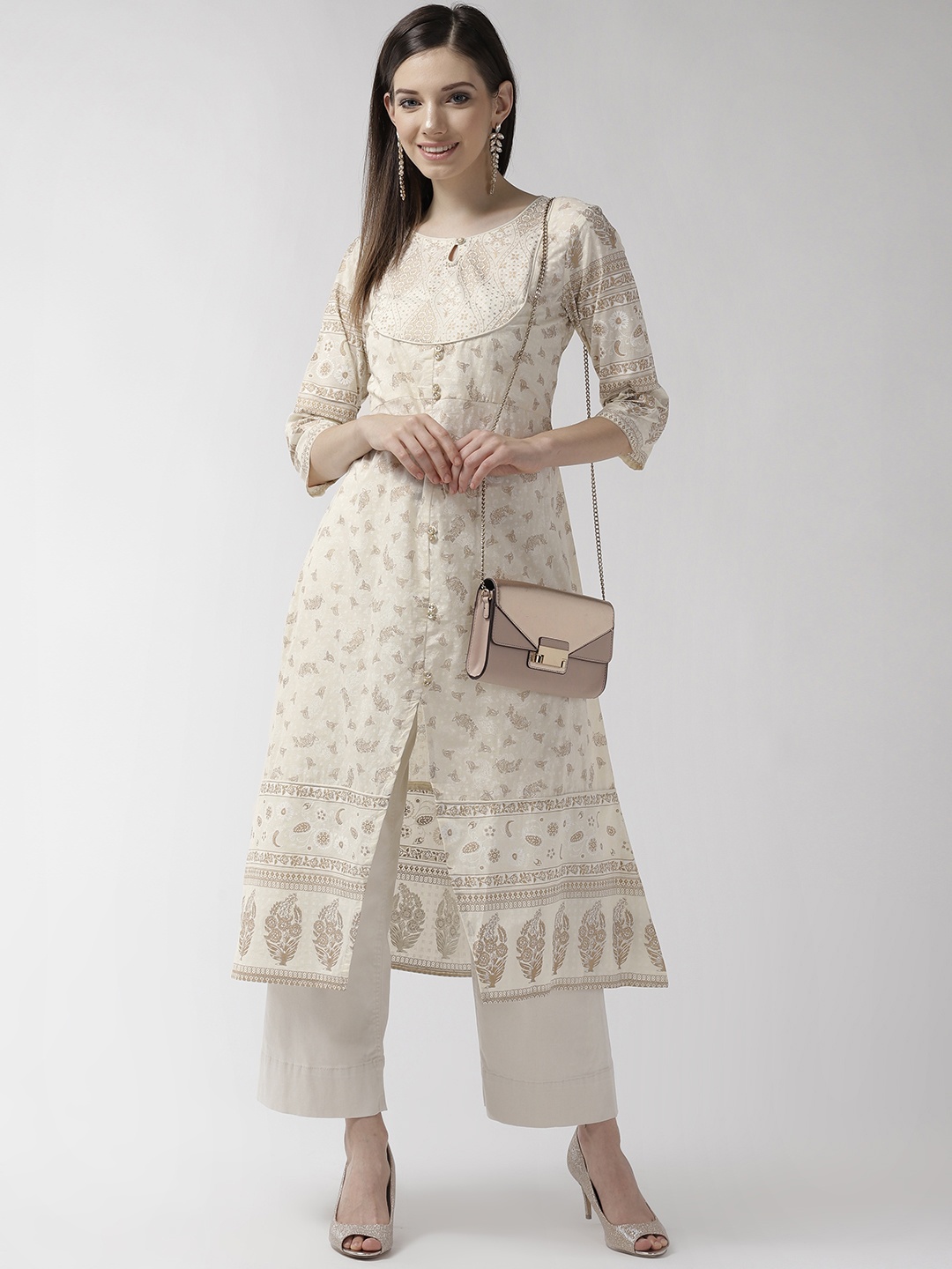 

RANGMAYEE Women Off-White & Golden Printed A-Line Kurta