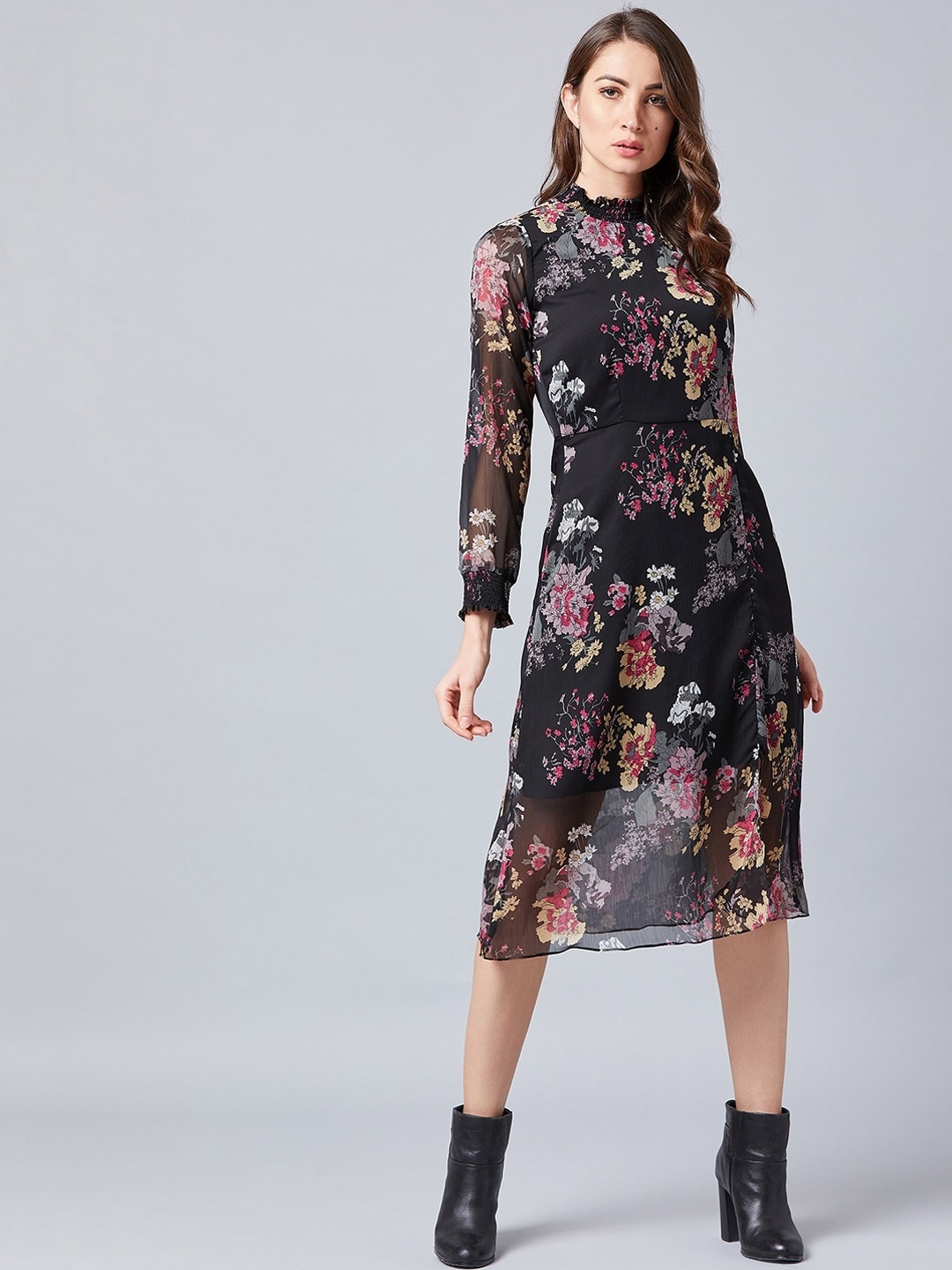 

Athena Women Black Floral Print Fit and Flare Dress