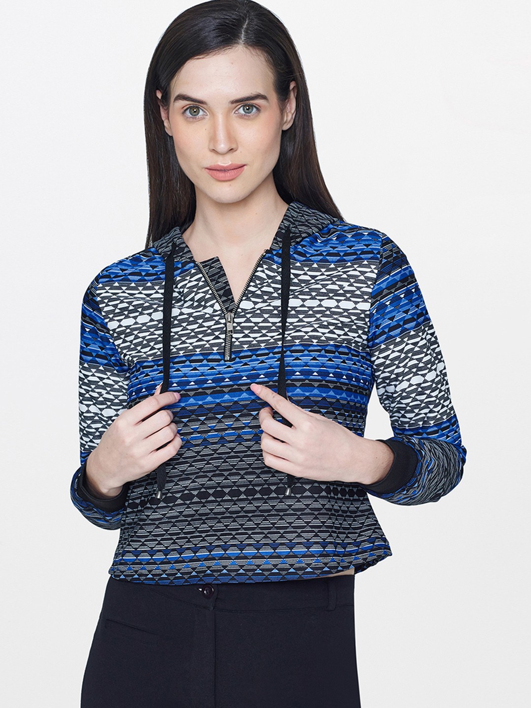 

AND Women Blue & Black Printed Hooded Sweatshirt