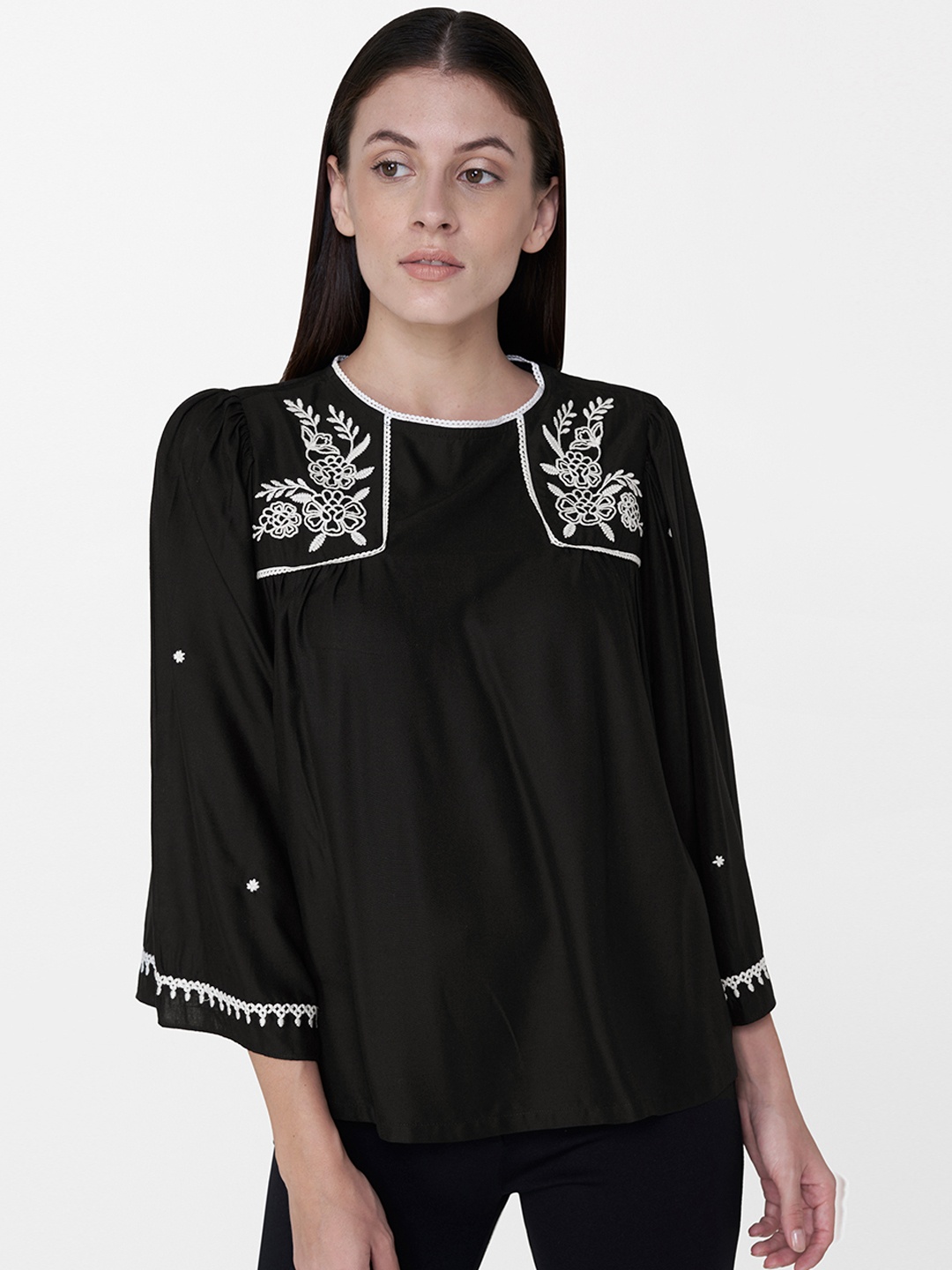 

AND Women Black Embroidered Top