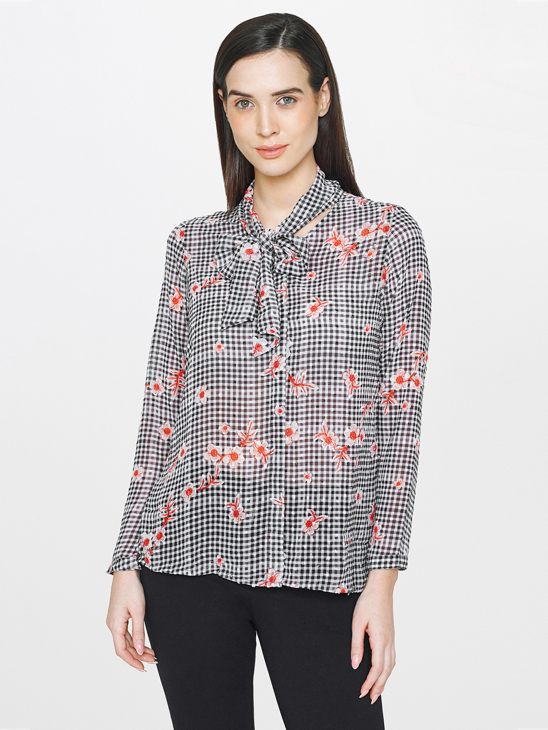 

AND Women Black & White Printed Shirt Style Semi-Sheer Top