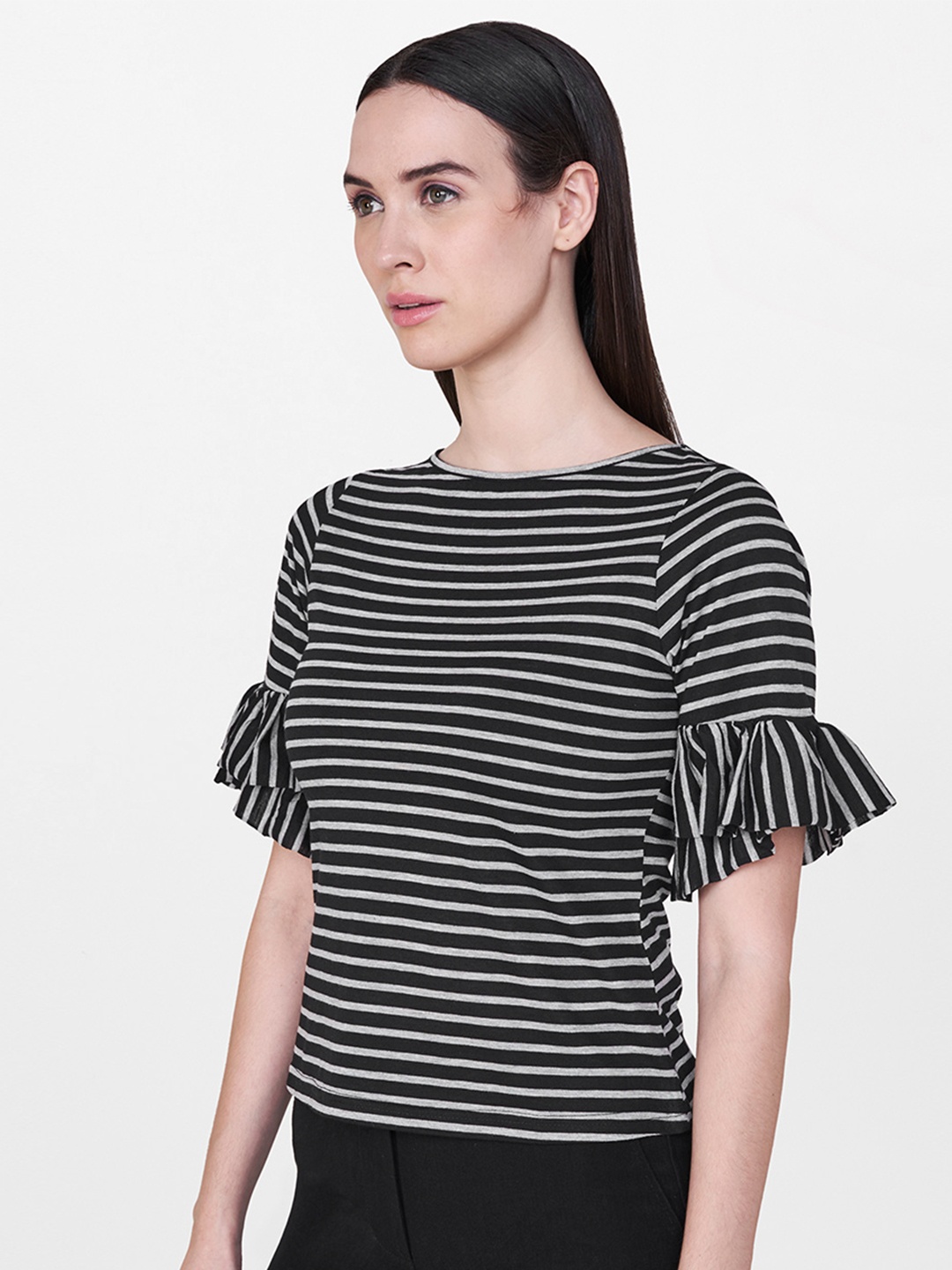 

AND Women Black & Grey Striped Top With Bell Sleeves