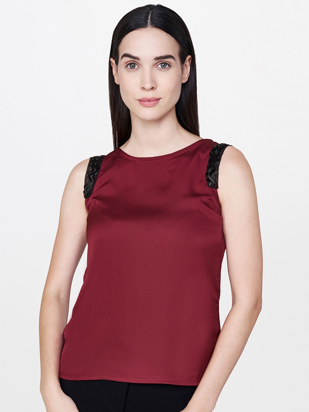 

AND Women Burgundy Solid Regular Top