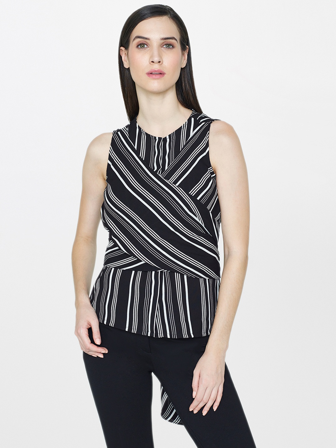 

AND Women Black & White Striped Wrap Top