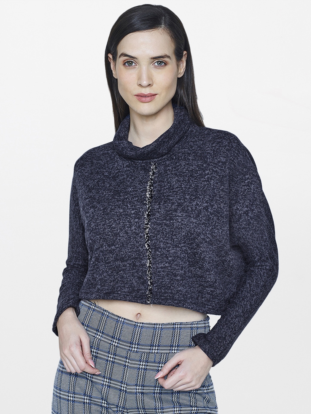 

AND Women Navy Blue Solid Top With Extended Sleeves