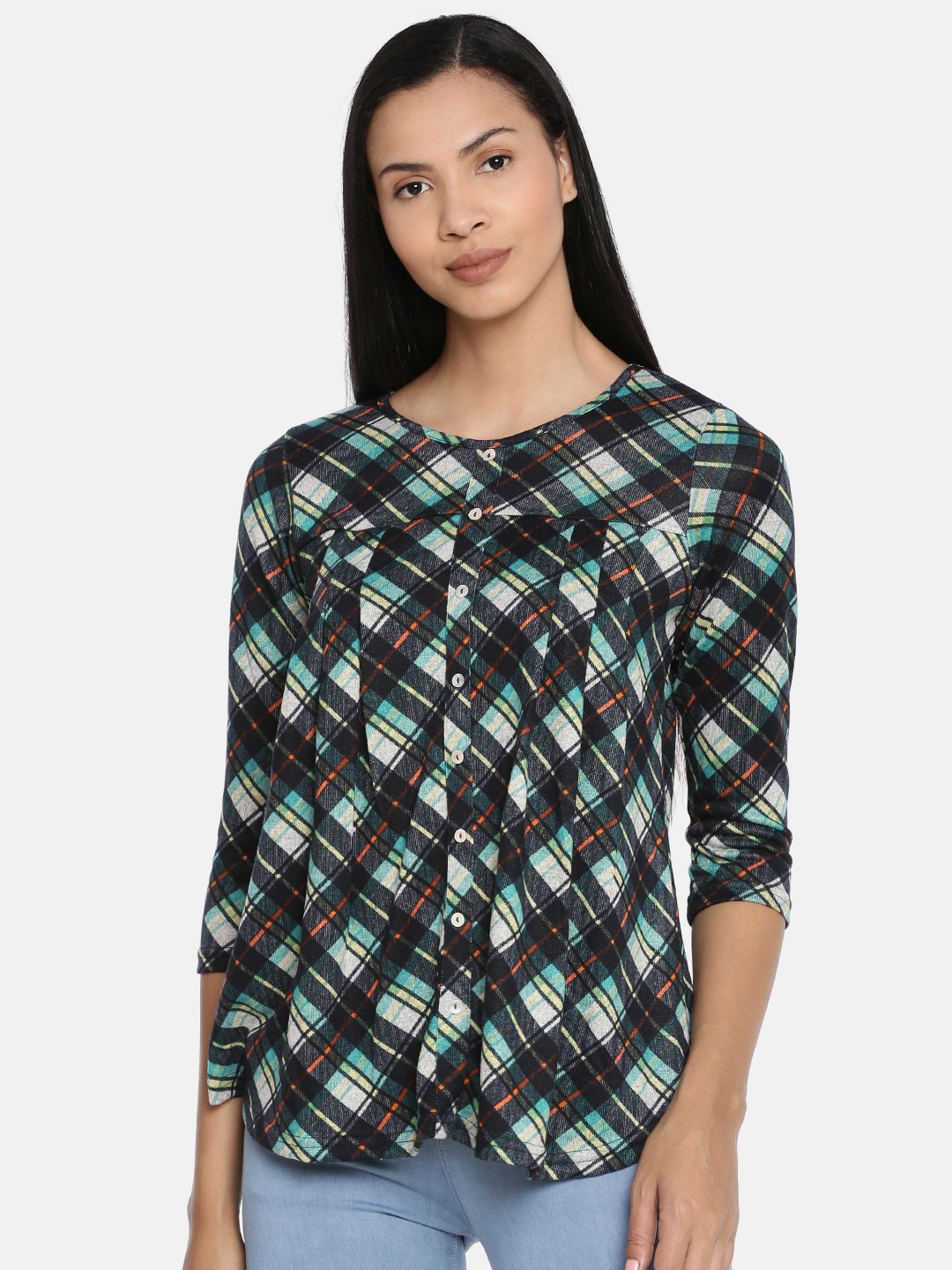 

AND Women Navy Blue & Green Checked Regular Top