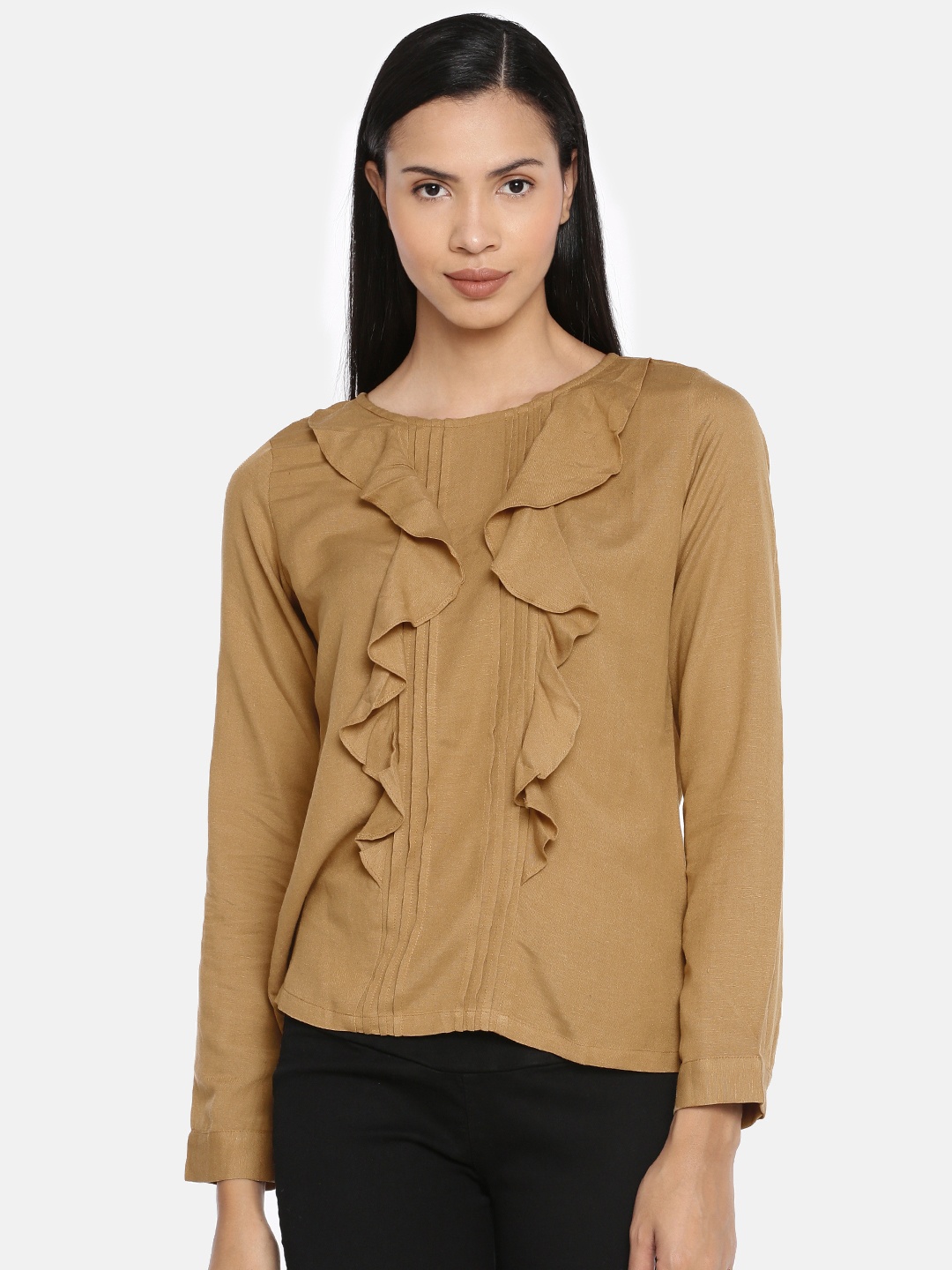 

AND Women Camel Brown Solid Regular Top With Ruffles