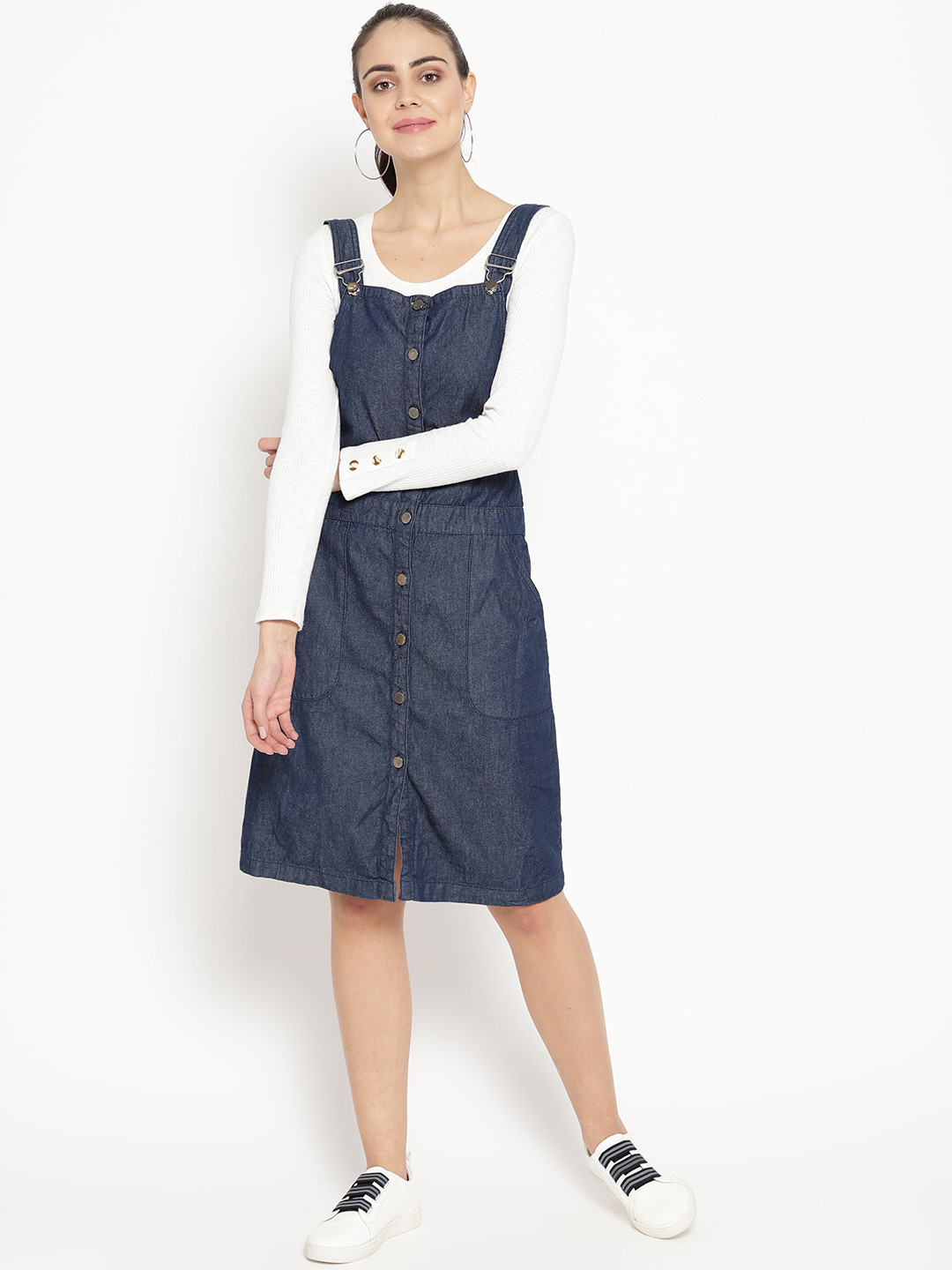 

AND Women Navy Blue Denim Pinafore Dress