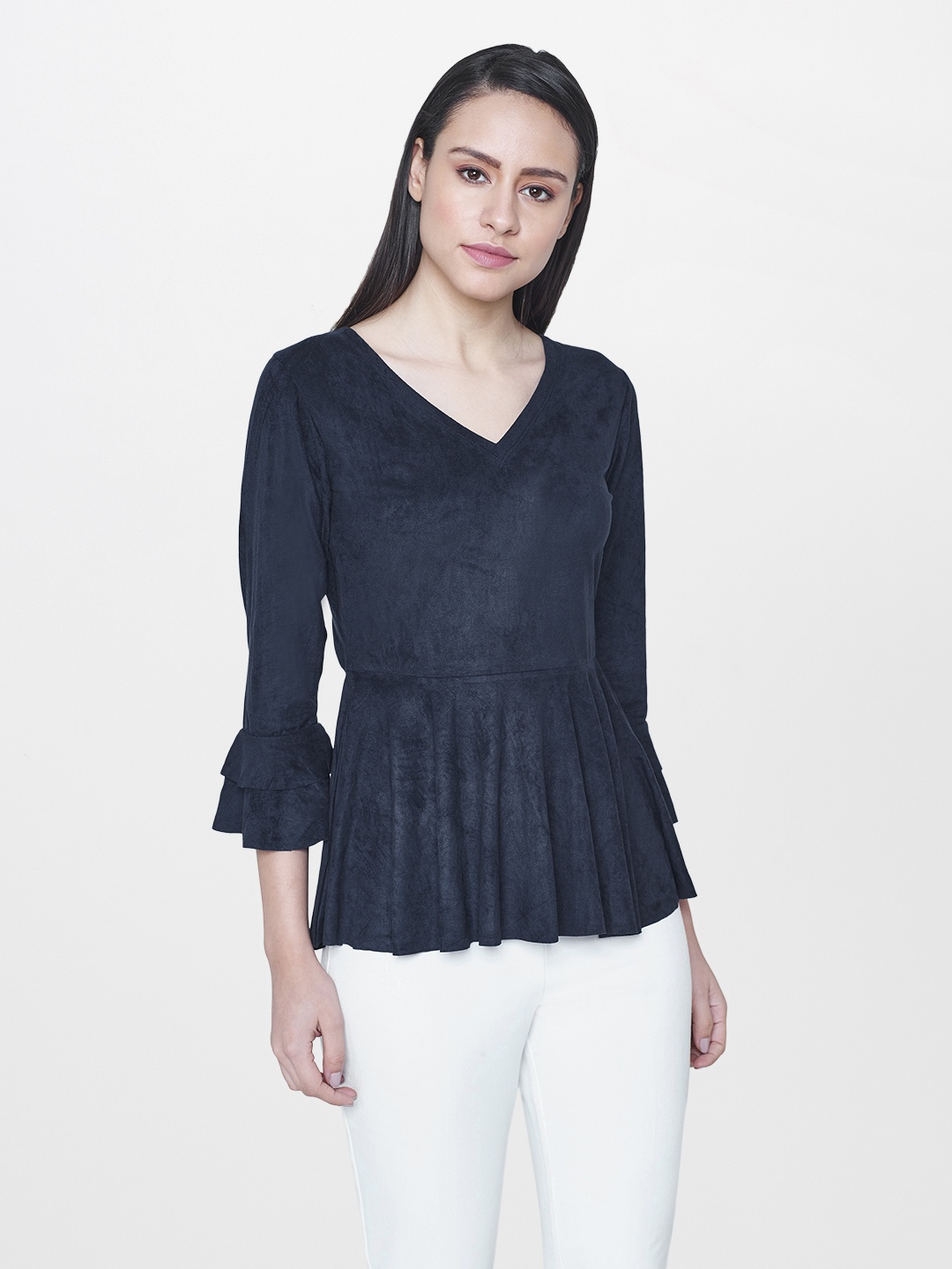 

AND Women Navy Blue Solid Velvet Peplum Top