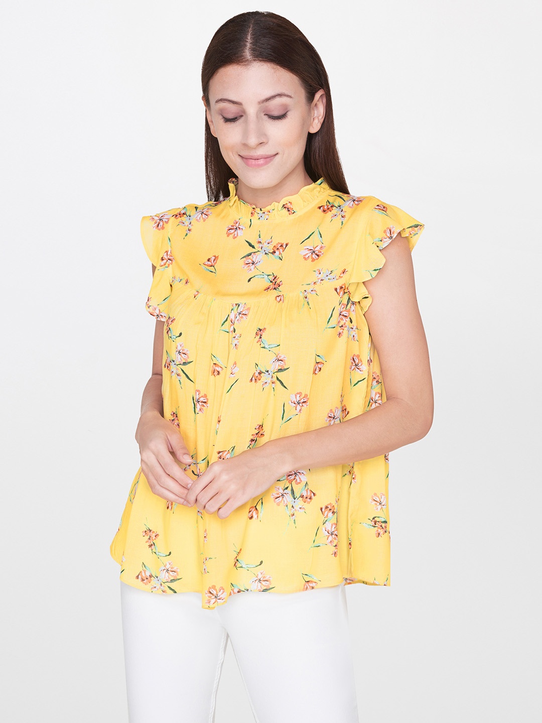 

AND Women Yellow & Green Floral Print Top