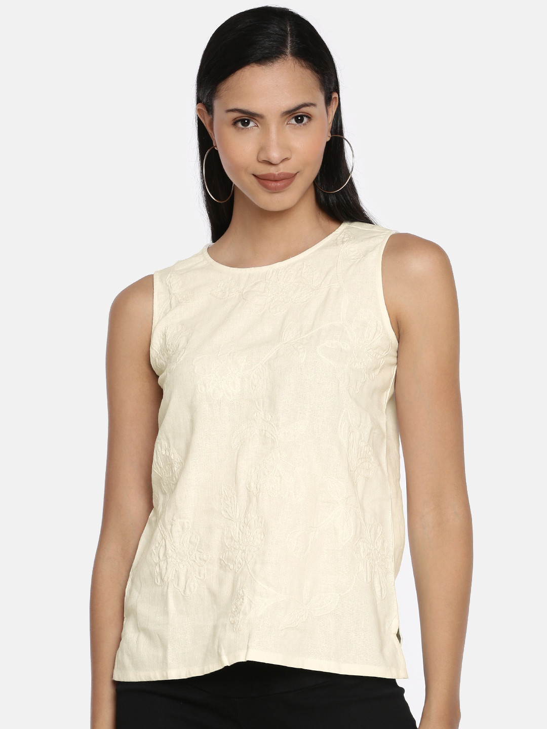 

AND Women Off-White Embroidered Regular Top