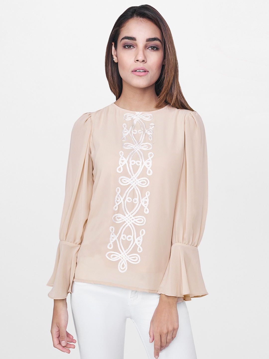 

AND Women Beige & White Embroidered Top