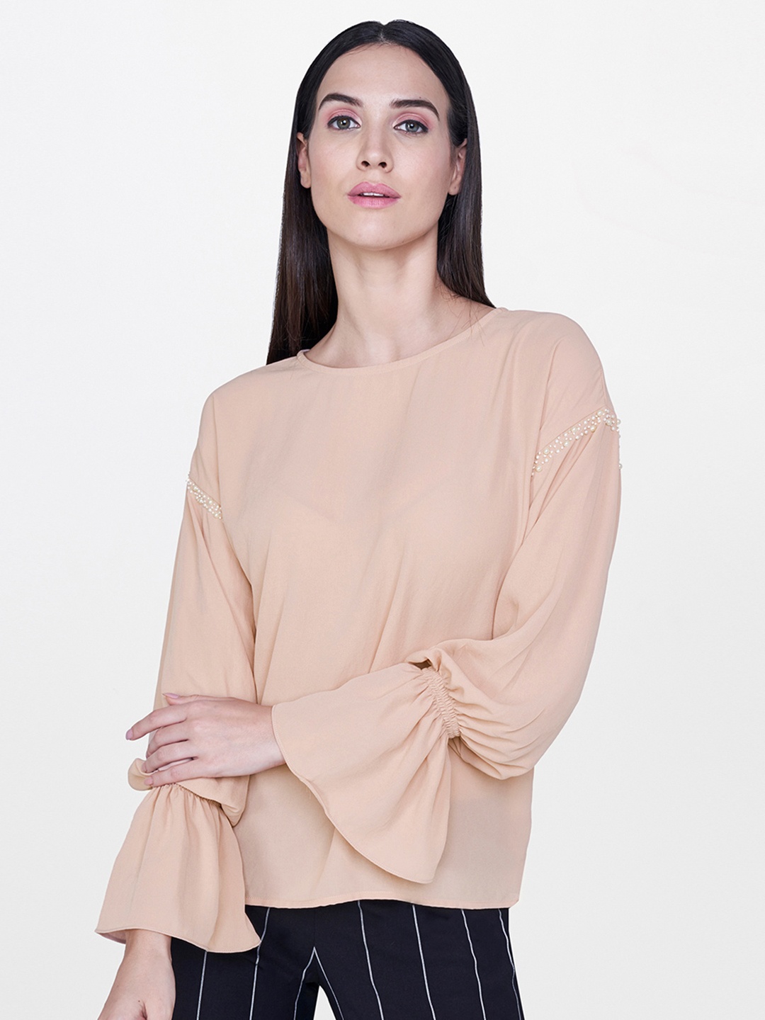

AND Women Beige Embellished Woven Regular Top