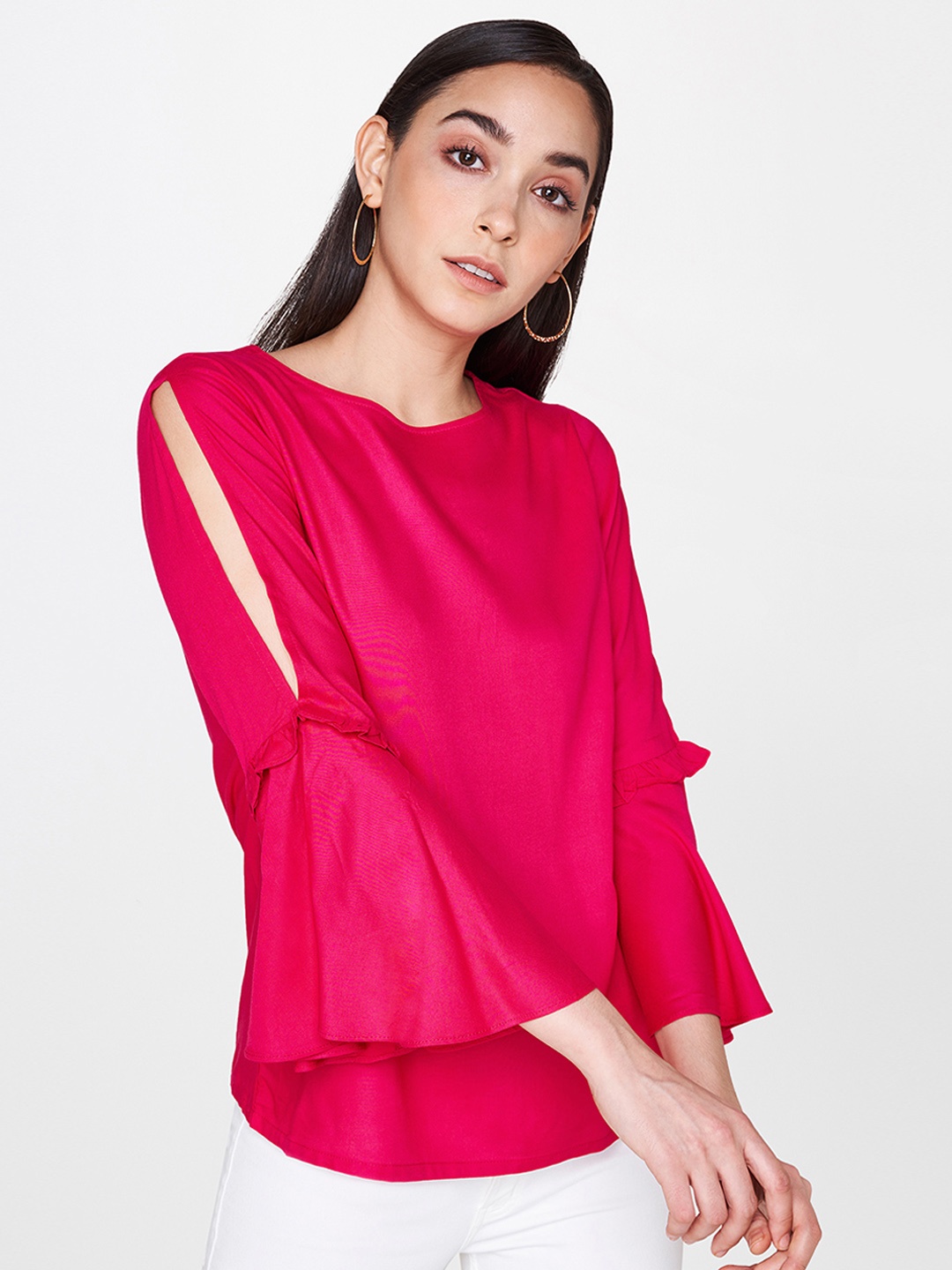 

AND Women Pink Solid Regular Top With Cut-Out Detail