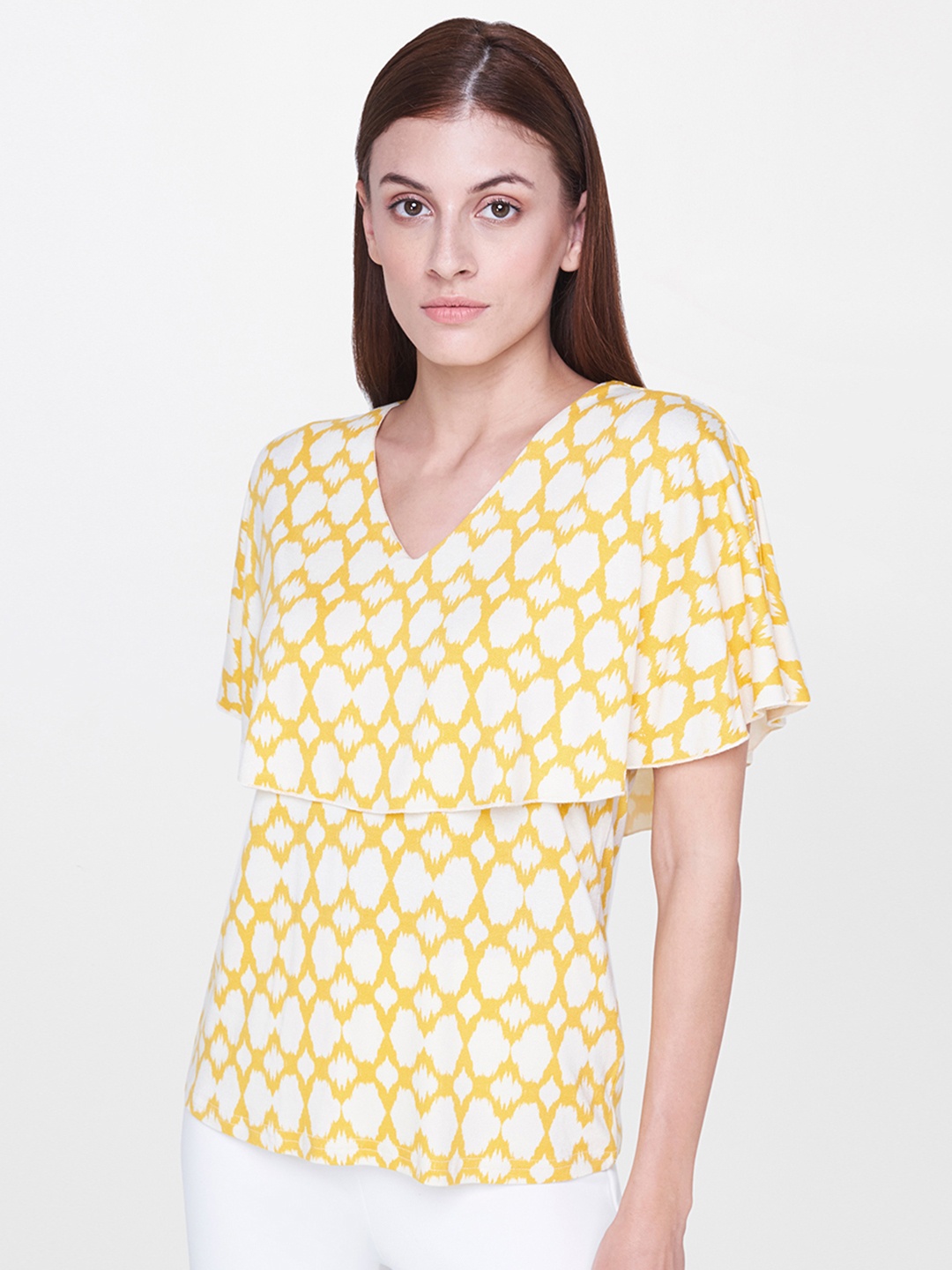 

AND Women Yellow & Off-white Printed Cape Sleeved Top