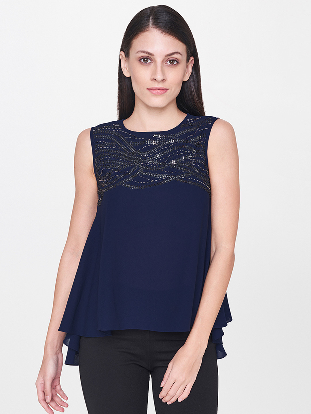 

AND Women Navy Blue Solid A-Line Top With Embellishment