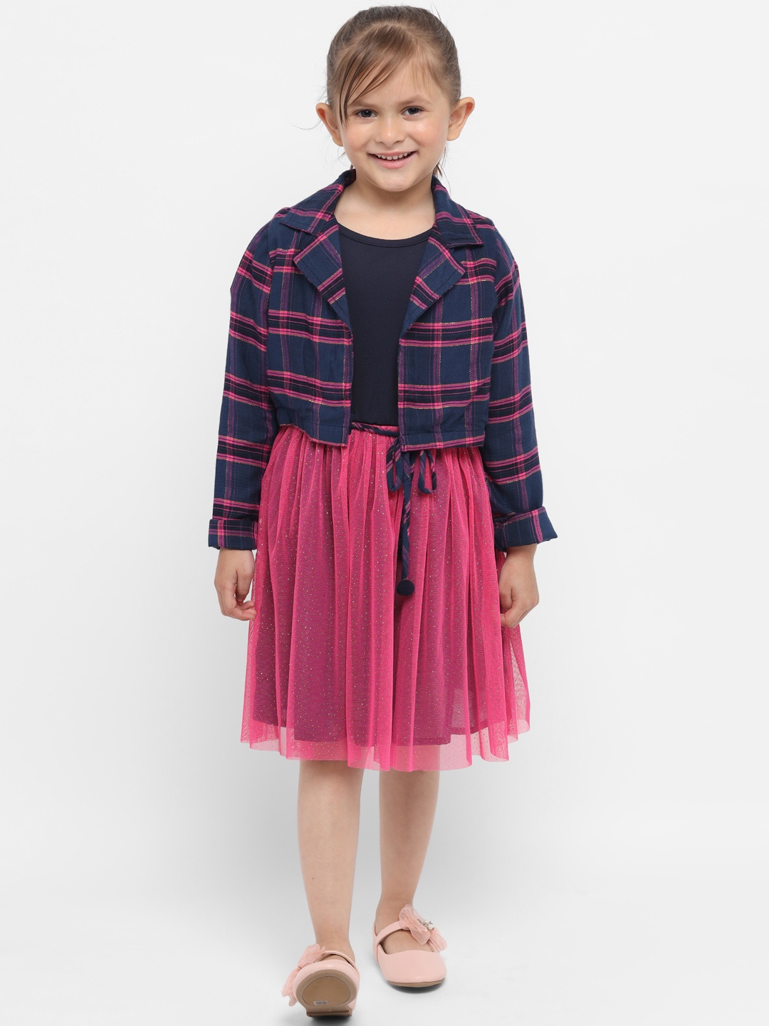 

Nauti Nati Girls Navy Blue & Pink Colourblocked Net Fit and Flare Dress with Belt & Jacket